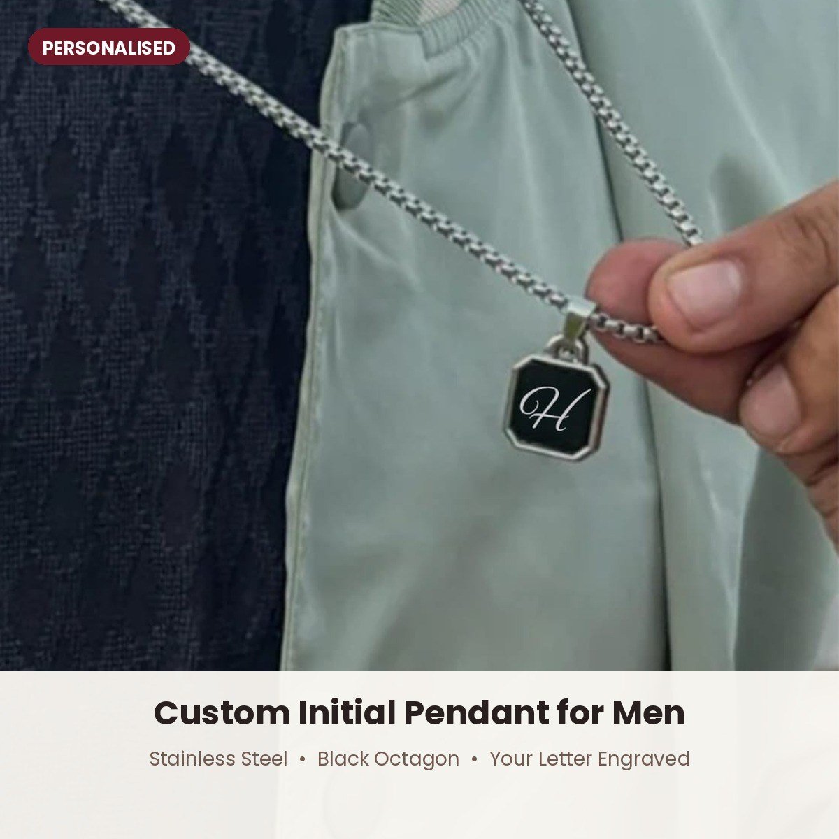 Initial pendant for men, black octagon, stainless steel – hero
