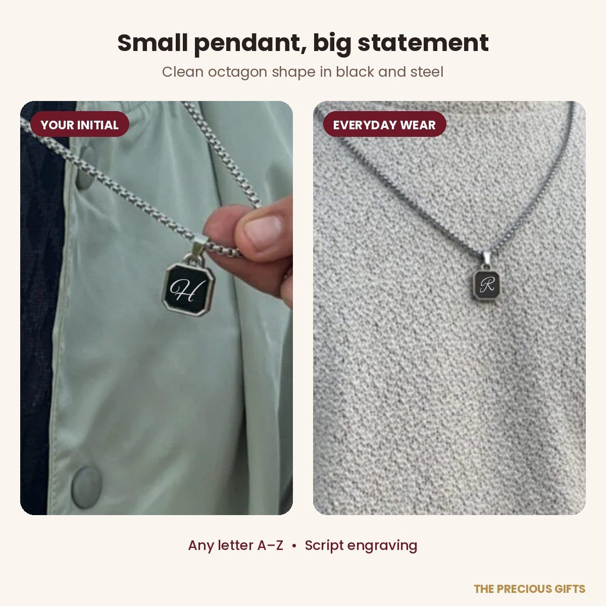 Initial pendant for men, black octagon, stainless steel – detail