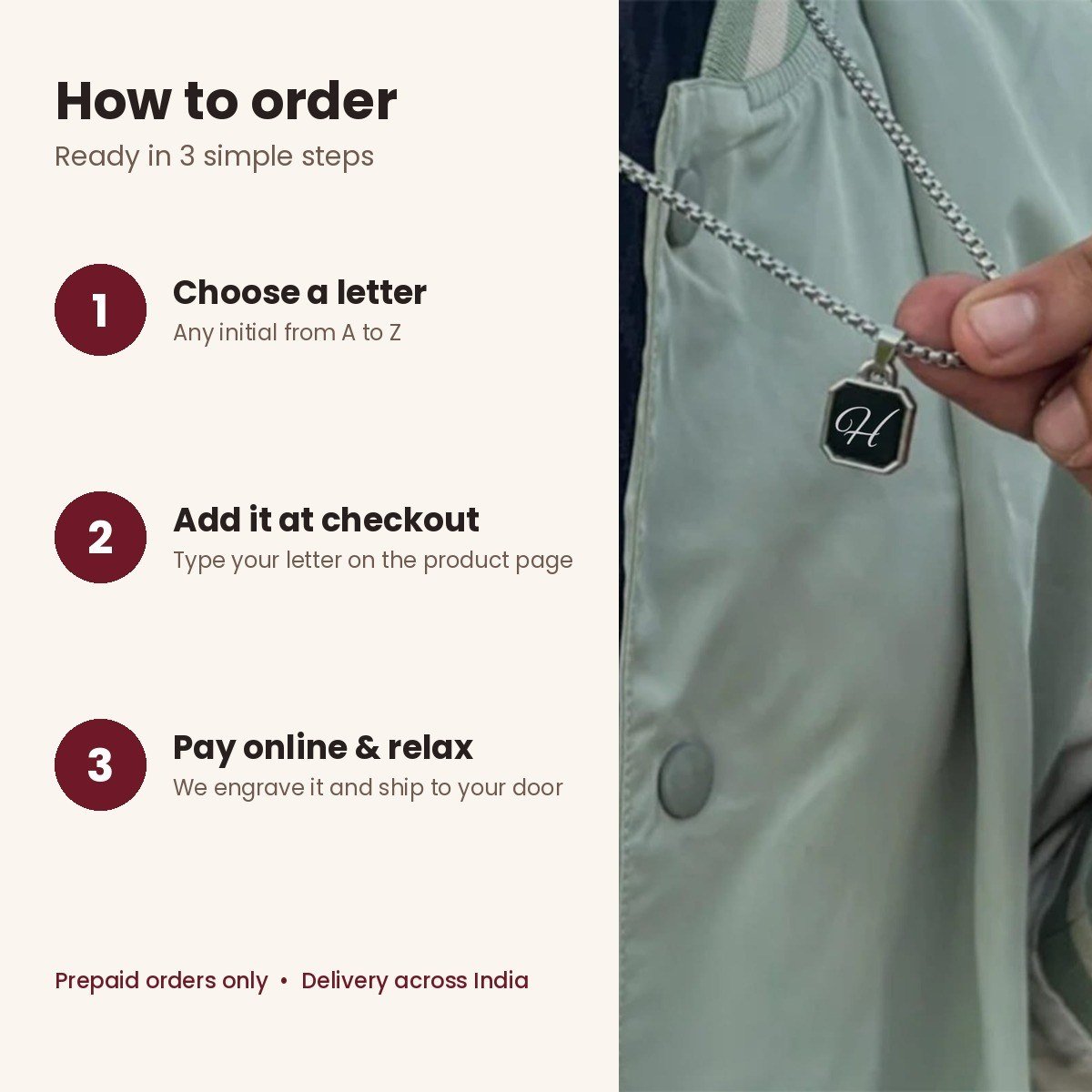 Initial pendant for men, black octagon, stainless steel – how to order