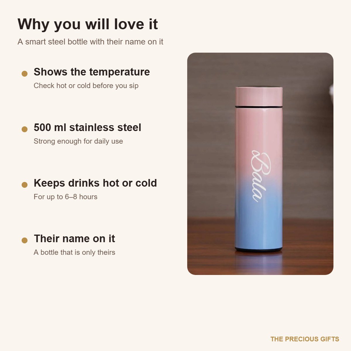 Personalised temperature water bottle with name, 500 ml steel – details