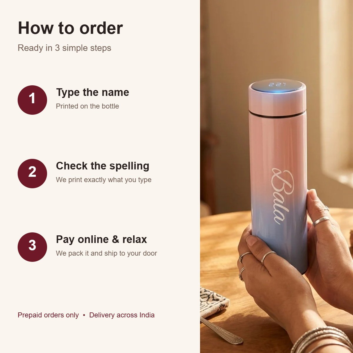 Personalised temperature water bottle with name, 500 ml steel – how to order