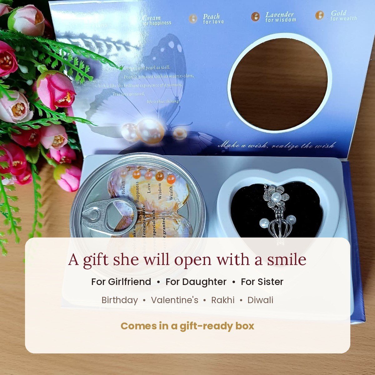 Wish pearl pendant gift box with oyster and pendant cage